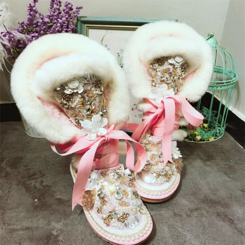 

Cute heavy industry rhinestone bow ribbon handmade custom pink rabbit fur loli lace snow boots boots 35-44