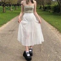 2022 elegant fairy women solid color a line skirts pleated high wasit chiffon casual long skirts vintage aesthetic streetwear