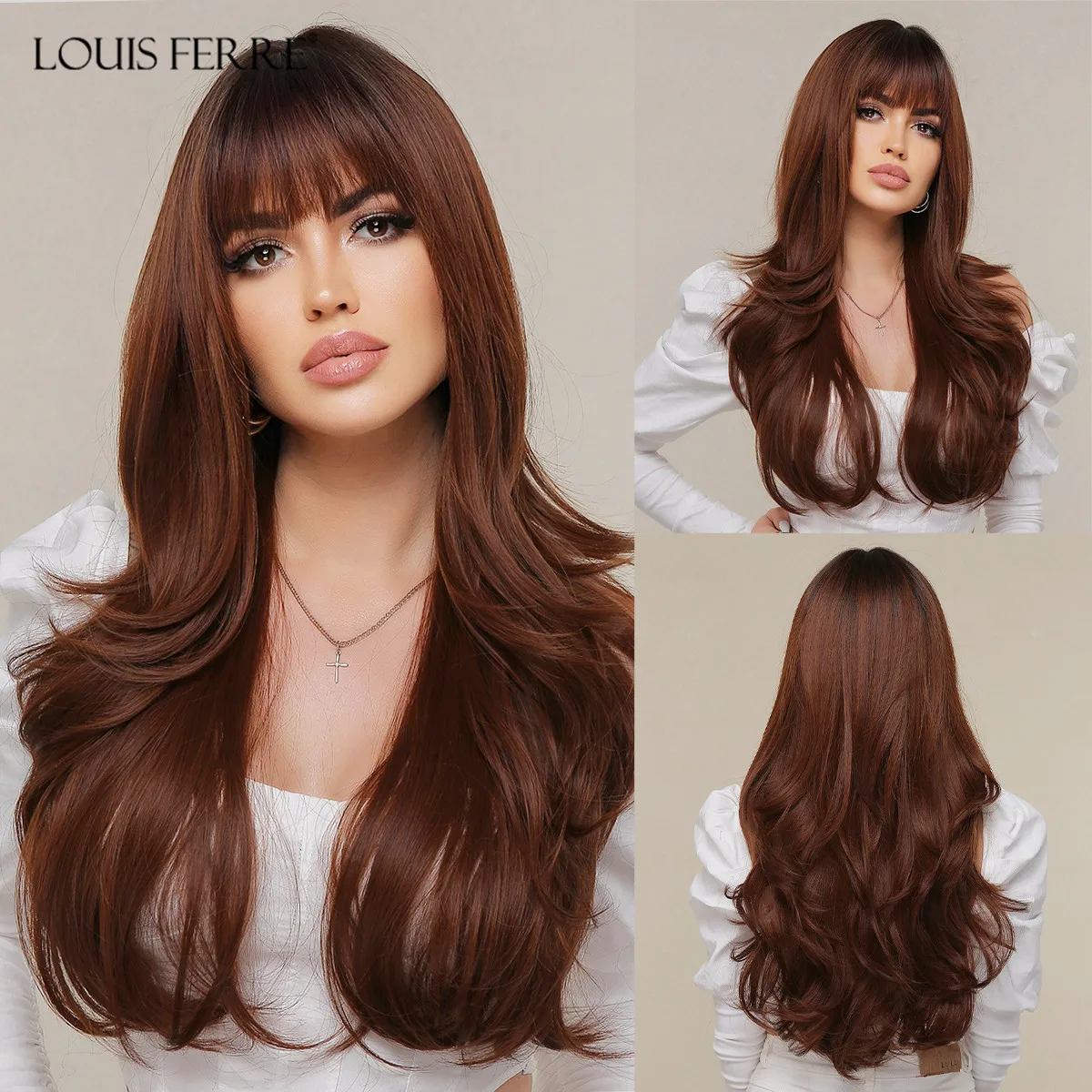 

LOUIS FERRE Red Brown Ombre Synthetic Wig Long Wavy Reddish Fake Hair With Bangs Daily Cosplay Heat Resistant Fashion Women Wig