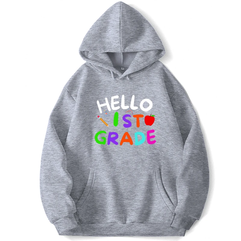 Hello First Grade Pencil Design Cute Gift For Studens Hooded Hoodies Sweatshirts Men Pullover Jumpers Trapstar Pocket Autumn