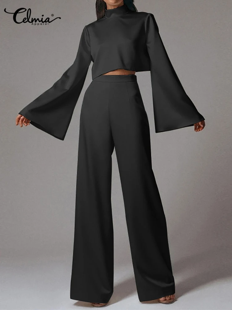 

Celmia Fashion Elegant 2pcs Sets Celebrities Satin Women Pant Sets High Collar Long Flare Sleeve Short Tops and Wide Leg Pants