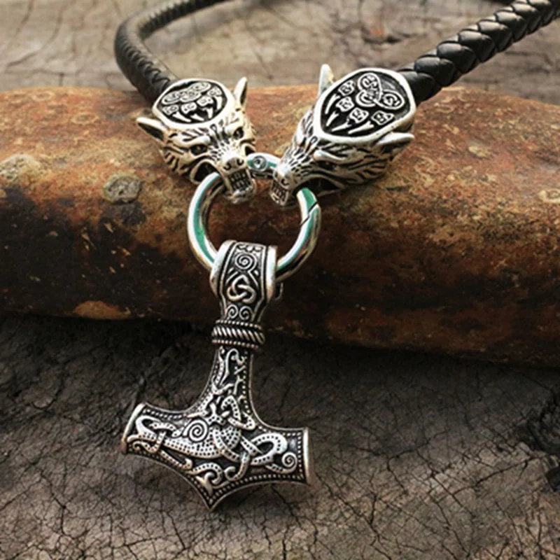 

Vintage Men's Zinc Alloy Thor's Hammer Pendant Necklace Wolf Head Leather Rope Chain Men's Viking Punk Amulet Jewelry