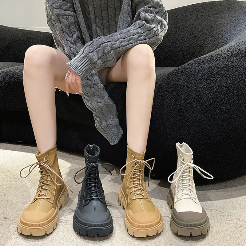 

Zipper Rock Shoes Woman Rubber Boots Round Toe Flat Heel Rain Lolita Leather Ladies Ankle Med Autumn Fabric Cross-tied Basic PU