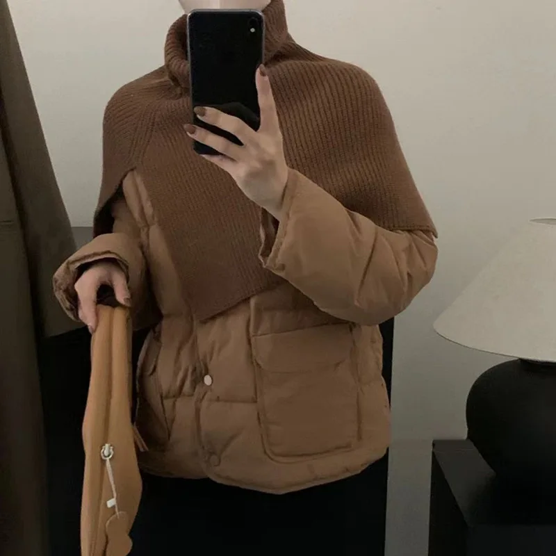 Short Down Jacket Women's Winter New Solid Colour Knitting Shawl Warm Cotton Jacket White Duck Down Hundred Fashion Jacket