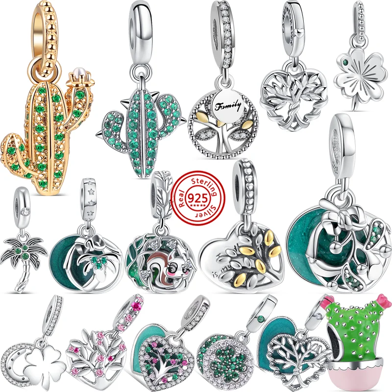 925 Silver Green Tree Forest Cactus Four Leaf Clover Family Pendant Fit Original Brand Charms Bracelet DIY Beads Fine Jewelry