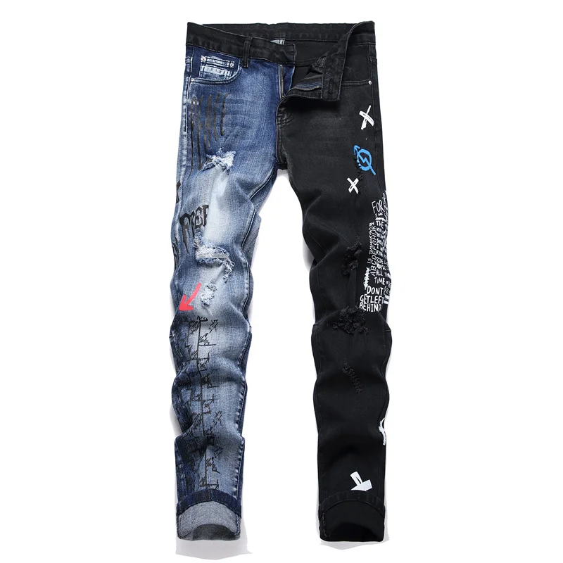 

Streetwear Pantalones Hombre Pactchwork Destroyed Hole printing Denim High Quality Straight Male Comfortable Advanced Casual