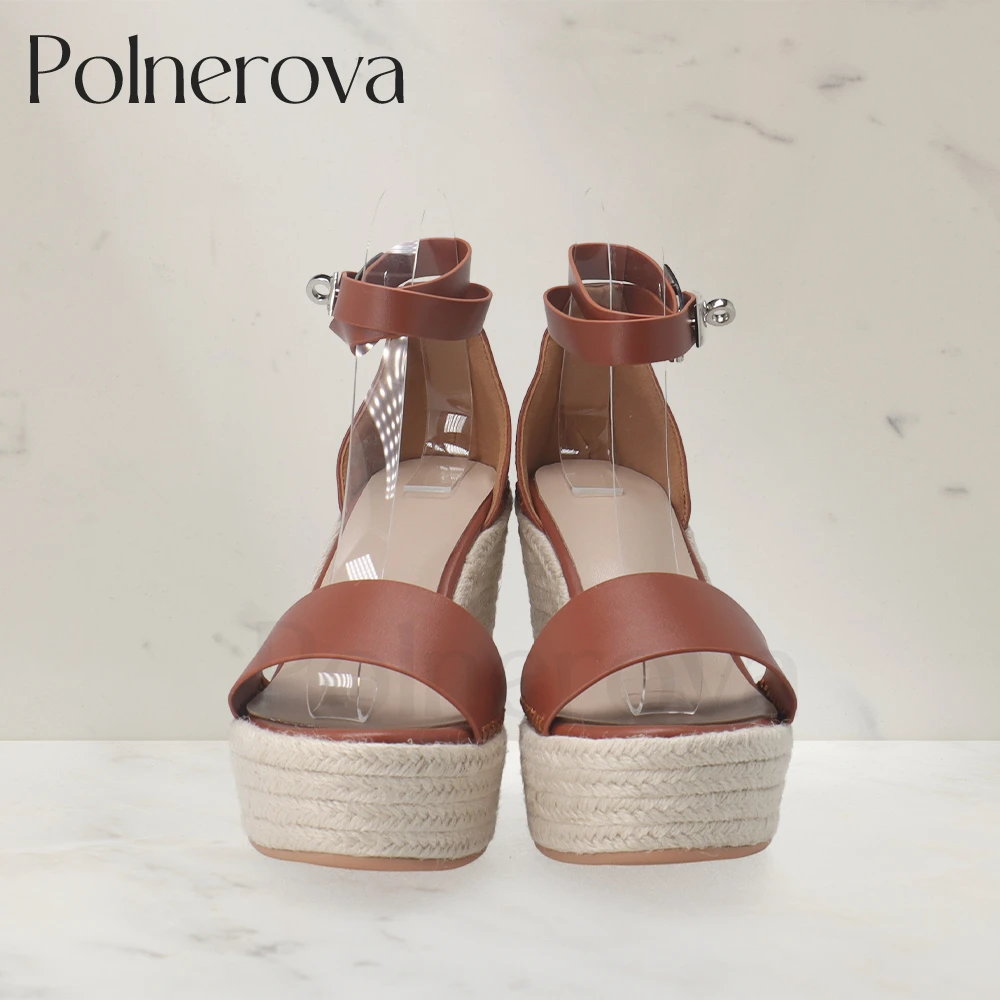 Designer Concise Style Espadrilles Solid Color Leather Wedge Sandals Metallic Buckle Platform Summer Shoes Custom Color Sandals