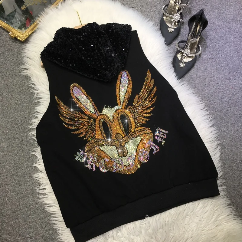 Blingbling Cartoon Bunny Wings Female Waistcoat Thicken Quilted Sleeveless Jacket Coat Patchwork Sequins Hooded Vests Coat