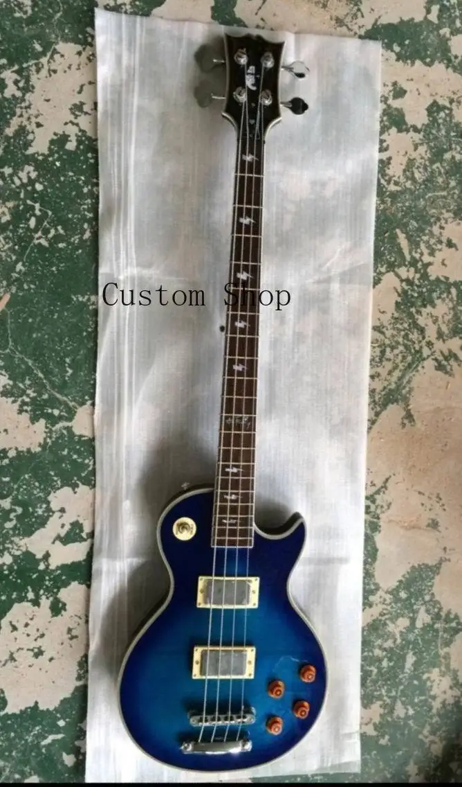 

Custom Ace Frehley Signature 4 Strings Blue Flame Maple Top Electric Bass Guitar Poker Face Headstock