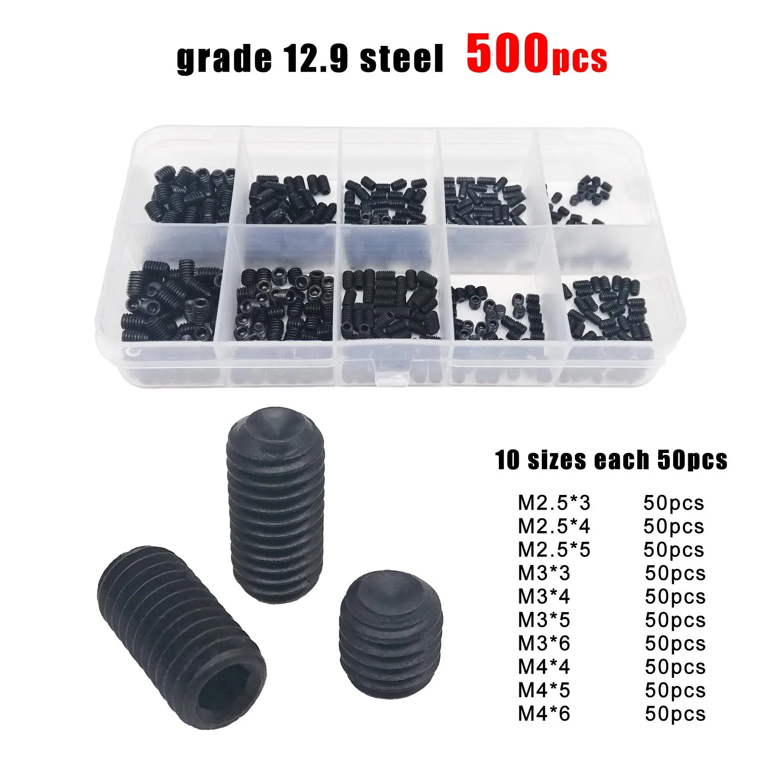 Набор болтов с головкой шестигранной впадины DIN916 из нержавеющей стали 304 с черным покрытием и кривошипным наконечником в коробке 500/1500X M2 M2.5 M3 M4 M5 M6 M8.