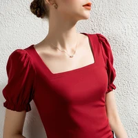 french retro square collar bubble sleeve top womens summer short sleeved wood ear to ear design sense t shirt new