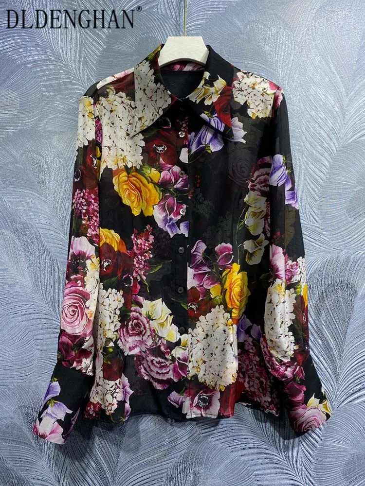 DLDENGHAN Autumn Sicily Silk Shirt Women Turn-down Collar Long Sleeve Flower Print Single Breasted Blouses Fashion Designer New