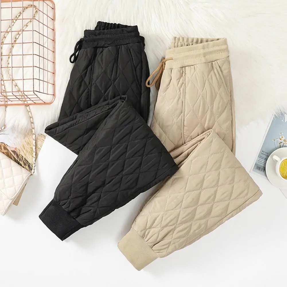 

Trendy Padded Puffer Trousers Drawstring Thermal Down Cotton Trousers Pure Color Rhombus Texture Down Cotton Pants