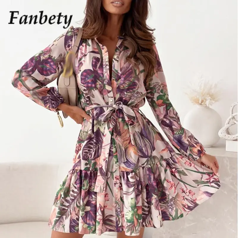 

Элегантное женское платье с длинным рукавом и принтом, модное однобортное мини-платье с V-образным вырезом, Осеннее Повседневное платье на шнуровке, платье