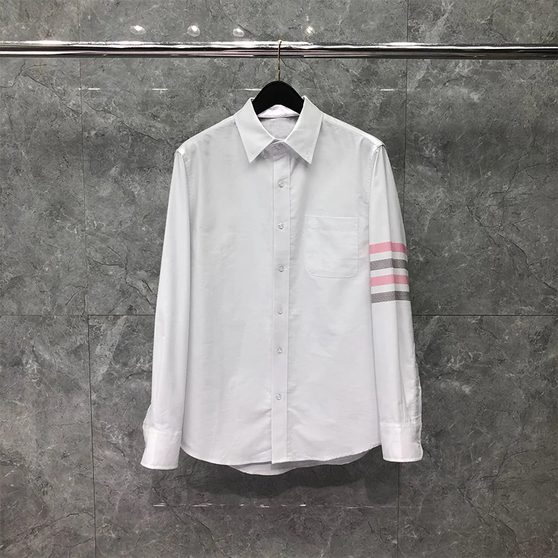 THOM TB Shirt Spring Autunm Fashion Brand Men's Shirt Pink Gray 4-bar Striped Casual Cotton Oxford Custom Wholesale TB Shirt