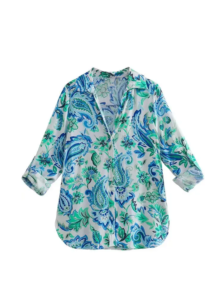 

TFMLN 2022 New Summer Women Thin Blouse Casual Prined Single Breasted Tops Long Sleeve Turn Down Collar Vintage Fashion Shirts