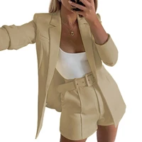 solid color pockets women outfit two piece cardigan blazer shorts belt set for autumn