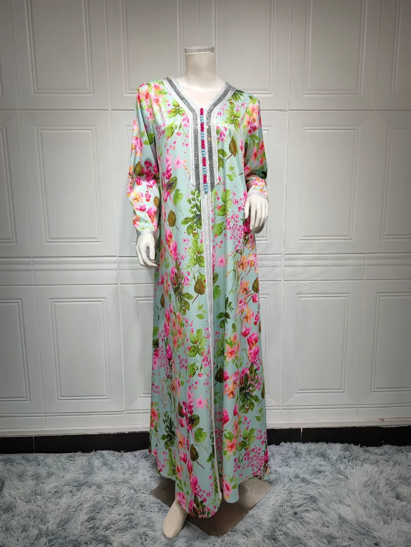 Abaya Dress 2023 Spring Summer Muslim Women Long Sleeve V-neck Polyester Printing Long Abaya Muslim Fashion Dress