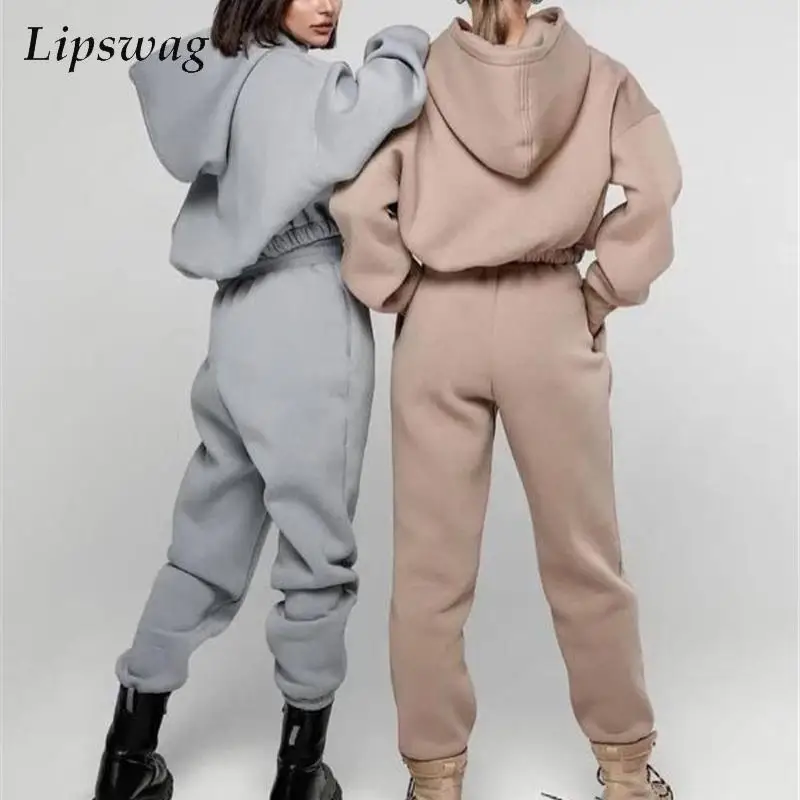 

Autumn Winter Hooded Sweatshirt Outfits Casual Loose Hoodies Pullover And Sweatpants Tracksuit Set Women Fashion Solid 2pc Suits