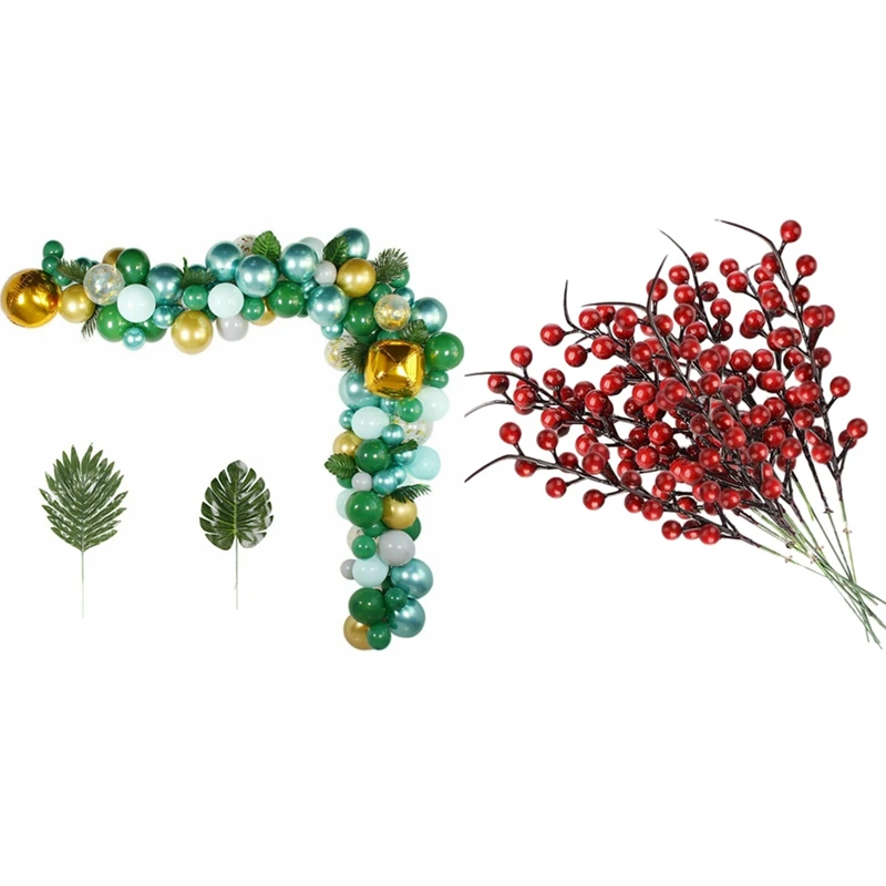 

167Pcs Jungle Safari Green Balloon Arch Garland Kit with 20PCS Artificial Red Berries Fake Flowers Fruits Berry Stems