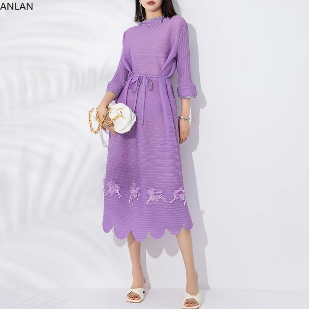 

ANLAN High End Miyake Pleated Belt Dress Fashion O-Neck Three-quarter Sleeve Sexy Party Dresses for Women 2023 Summer New KL2617