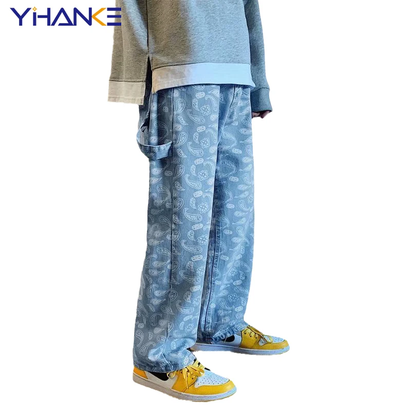 YIHANKE Cashew Flower Black Jeans Men Straight Tube Loose Spring and Autumn Summer Korean Fashion Men Baggy Pants Denim Trousers