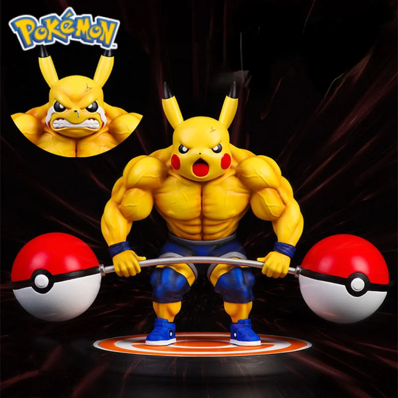 New Pokemon Muscle Fitness Pikachu Action Figure Weightlifting Strong Pikachu Change Double Head PVC Model Collectible Toys