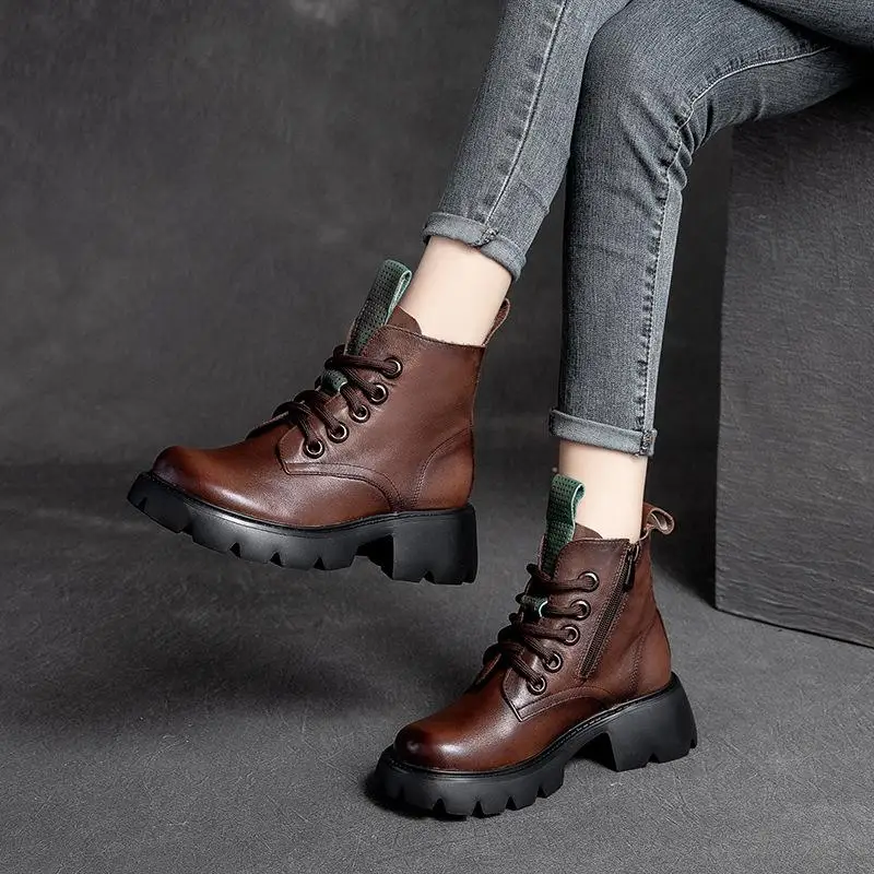 

GKTINOO women shoes 2023 Autumn Winter genuine leather Female boots women booties British Lace-Up retro women Motorcycle Boots