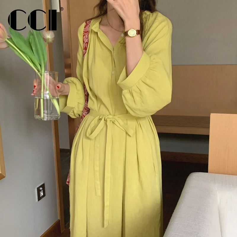 

CCI Dresses For Women 2023 Dress Lantern Sleeve Belt Non Strech Loose Ages 25 35 Years Old Office Lady Robe YJ116D