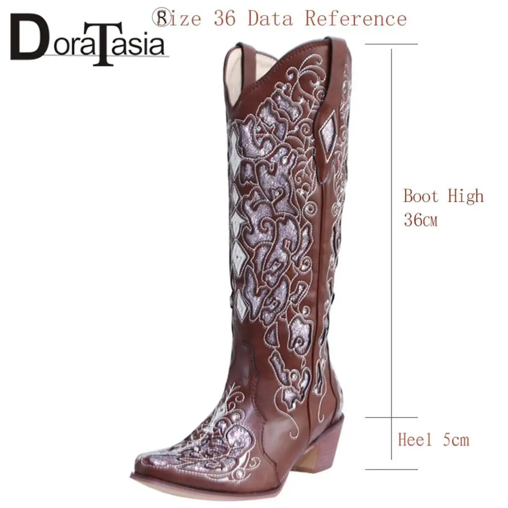 Brand New Ladies Chunky High Heels Western Boots Fashion Embroider Hollow Crystal women's Cowgirl Boots Party Retro Woman Shoes