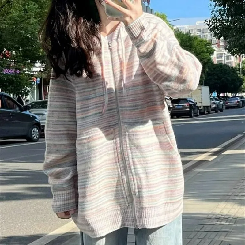 

Gentle Rainbow Stripes Hooded Knit Cardigan Women Sweater 2023 Autumn Winter New Japanese Loose Zip Coat Oversized Cardigan