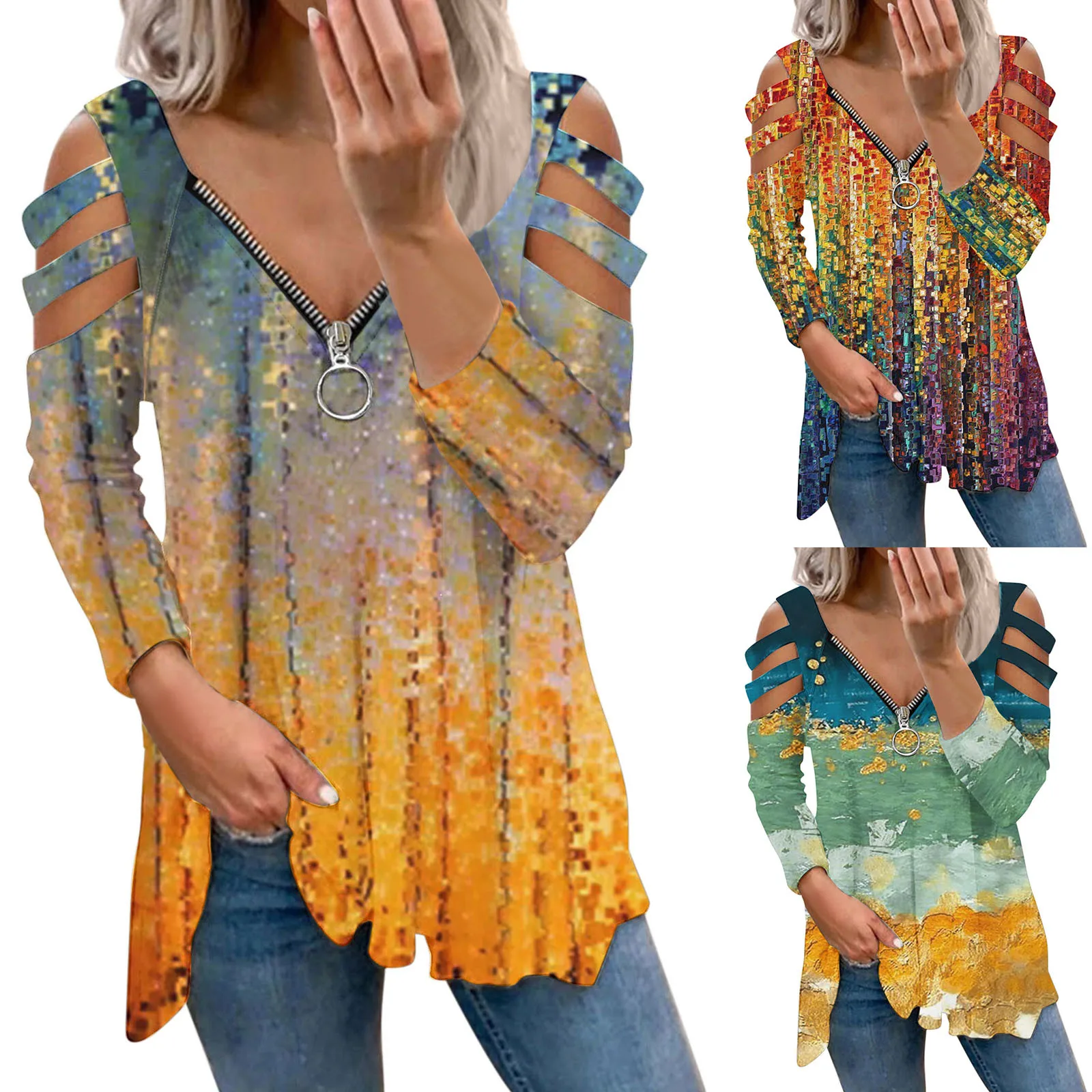 

Женская рубашка в западном стиле, пуловер на молнии с длинным рукавом и V-образным вырезом