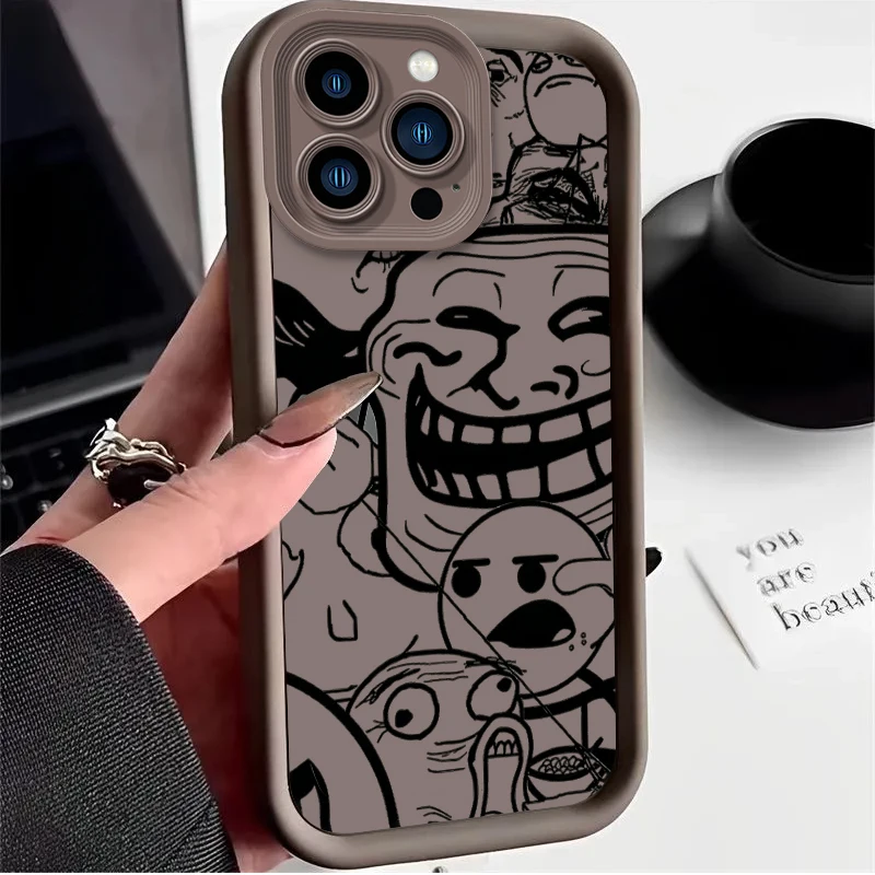 Фото Забавный чехол с принтом мема и мультяшным лицом Тролльфейса для iPhone 17 Air 16 E 15 14 Plus 13 12 Mini 11 Pro Max, из жидкого силикона. №4