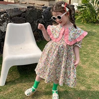 2022 summer girls dress with big collar childrens floral short sleeve princess one piece clothing frock korea kids pink dresses