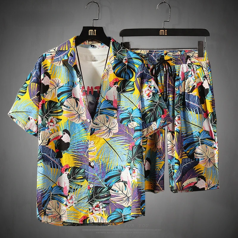 Mens Set Korte Mouw Hawaiian Shirt En Shorts Zomer Casual Bloemen Overhemd Strand Tweedelige Pak 2021 Nieuwe Mode Mannen sets S-5XL