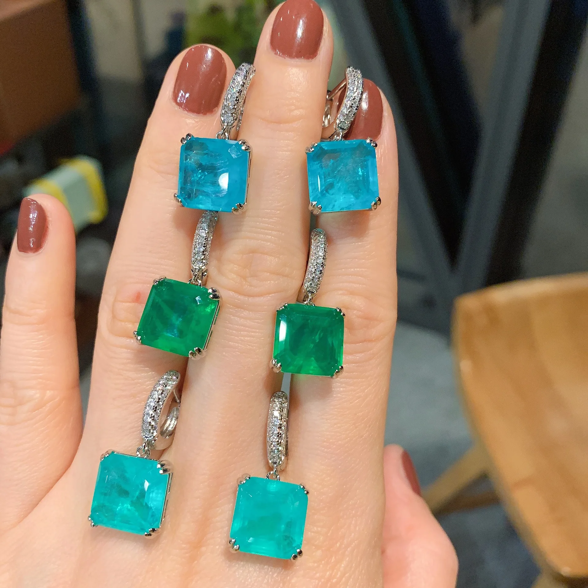 

JitDoo Vintage 12*12 Paraiba Tourmaline Emerald Gemstone Drop Clip Earrings For Women Cocktail Party Fine Jewelry Female Gift