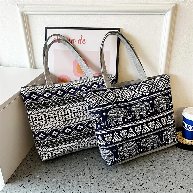 

New Vintage Print Shopping Bag Women Owl Elephant Canvas Shoulder Bag Fashion Large Capacity Casual Tote Bag Women's Handbags