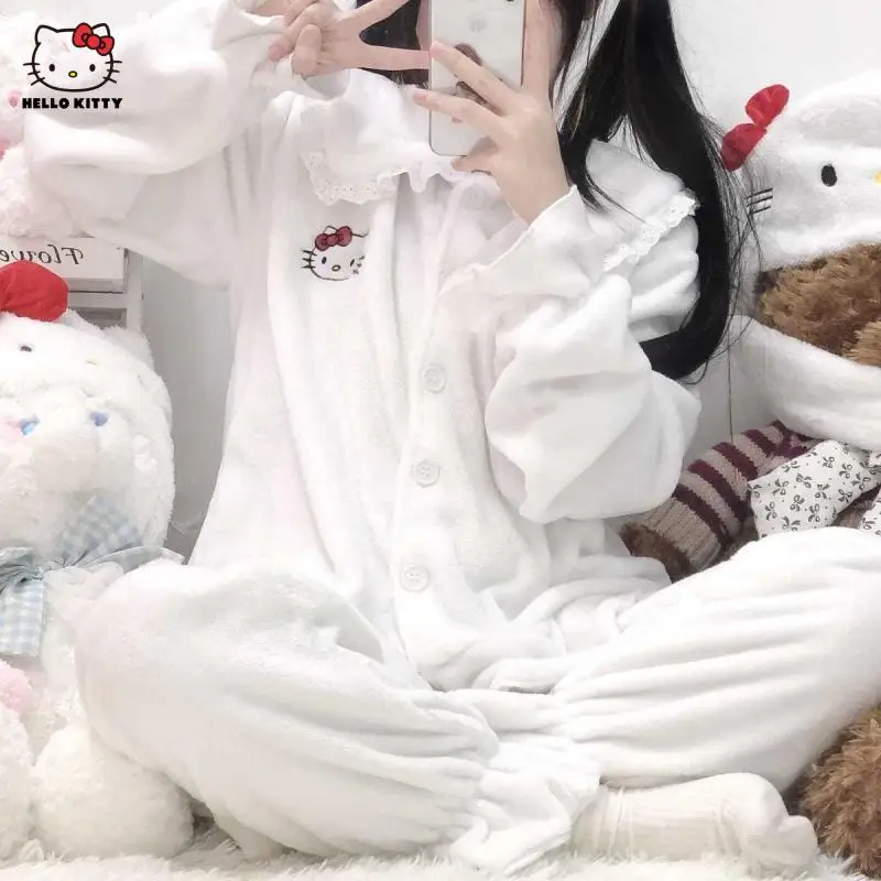

Original Hello Kitty Pajamas Sanrio Women's Flannel Autumn Winter Long-Sleeved Thickening Warm Cute Soft Girl Home Clothes Suit