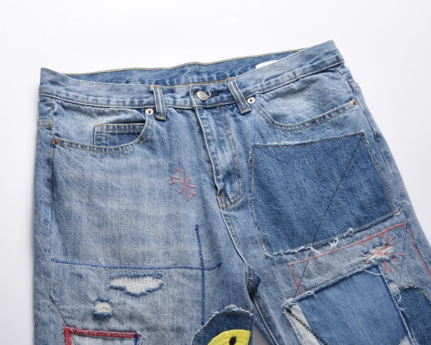 streetwear kapital Vintage Smiling Face Patch Jeans Denim Straight Loose Pants Fashion trousers