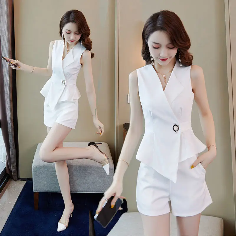 

2022 Summer 2 Pieces Set for Women White Sleeveless Tops and Shorts Suits V-Neck Fashion Elegant Office Ladies Work Set Suit