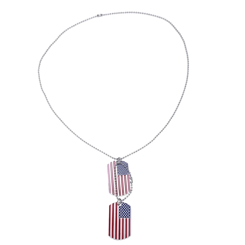 

2 PCS Alloy Pendant Necklace Pendant Red and White Stripes USA American Flag Double Dog Tag plate 27 Inch Chain Necklace Man
