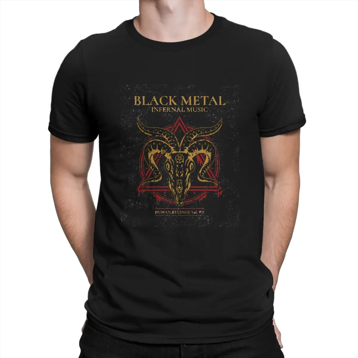 

Men Black Metal Infernal Music T Shirts Baphomet Art Pure Cotton Clothes Vintage Short Sleeve Round Collar Tee Shirt Summer