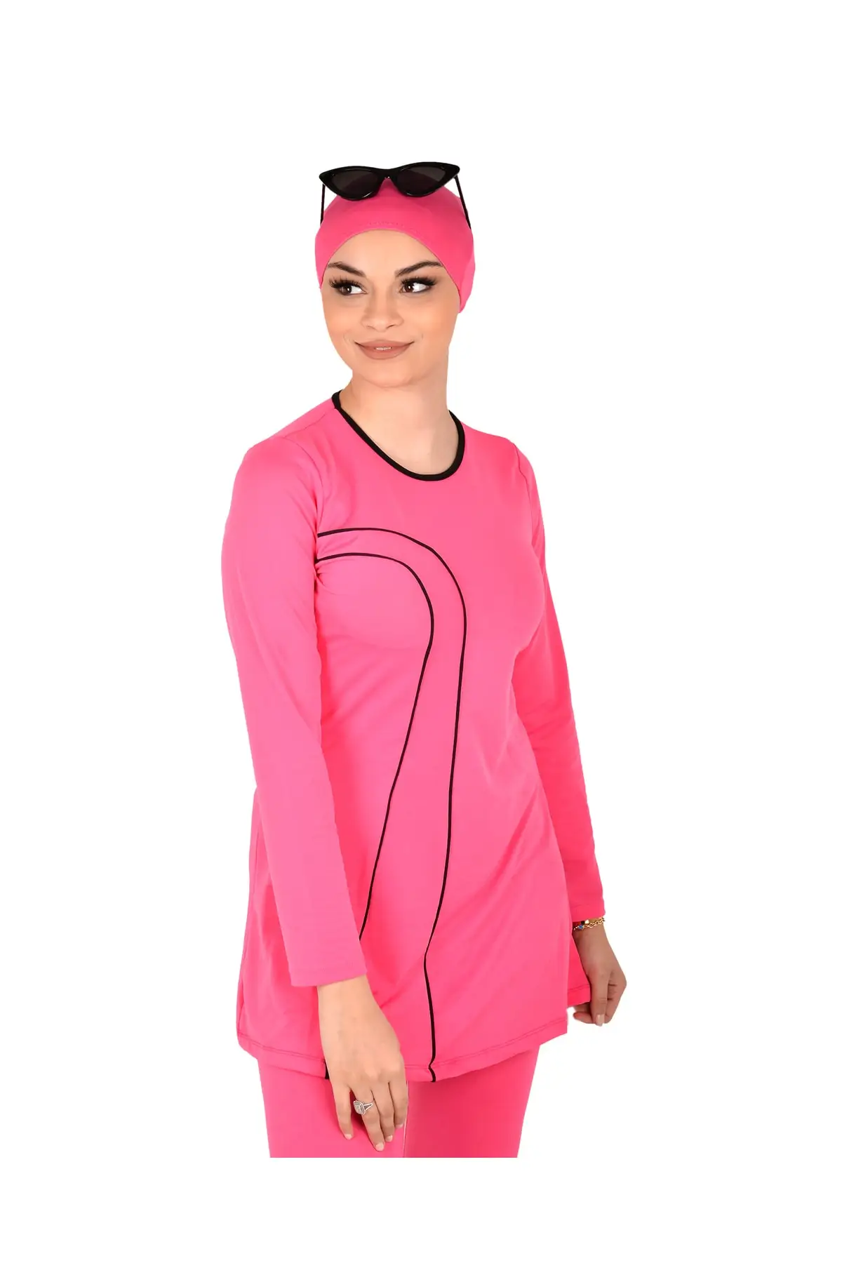 

Muslim Burkinis Pink Long Sleeve Black Double Striped Swimwear Modest Summer Clothing Hijab Sport Swimsuit Islamic Full Cover