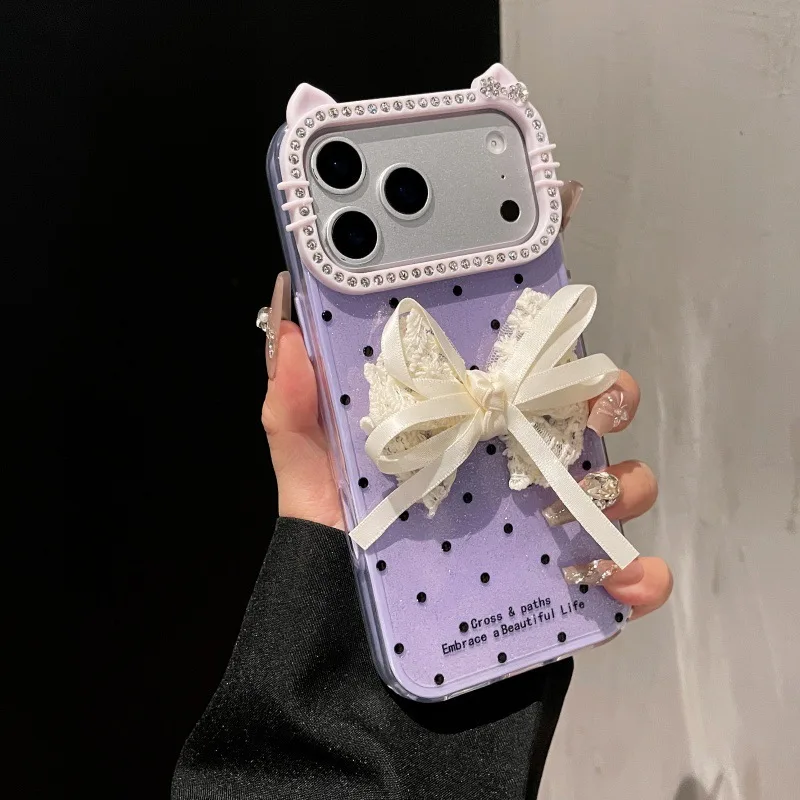 Фото Чехол для телефона «три в одном» с кружевным бантом, подходящий для iPhone17promax 16/15/14/13promax, защитный чехол №3