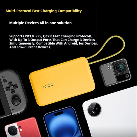 iQOO 20000 мАч Power Bank PD 45 Вт Тип C Быстрая зарядка с кабелем Портативный внешний аккумулятор Мобильный PowerBank для iPhone16 Huawei