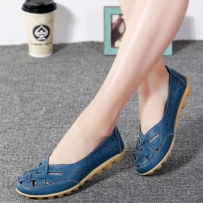 

Cut Outs Summer Women's Casual Shoes Leather Woman Flats Slip On Female Loafers Lady Boat Shoe Big Size 35-44