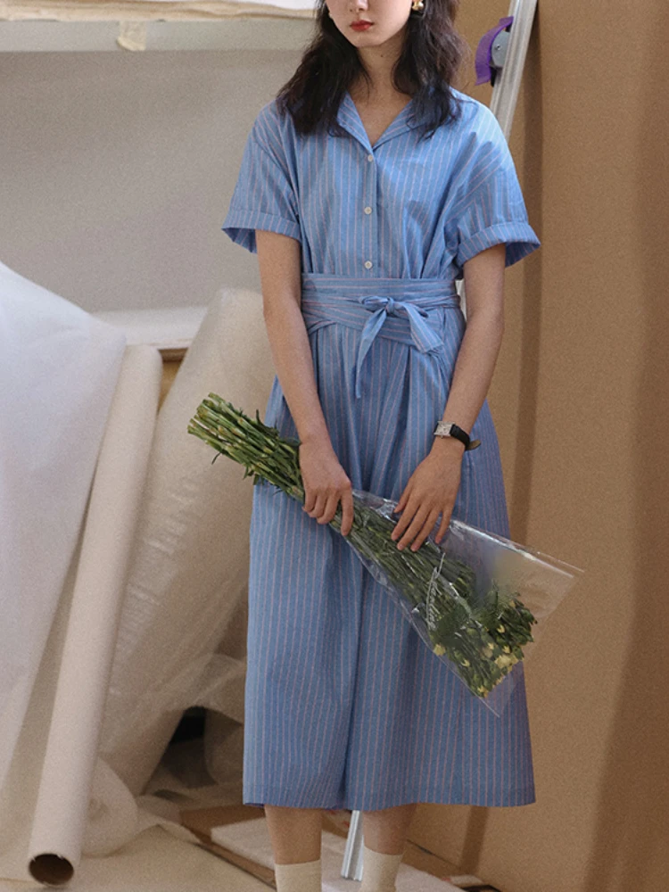 

Birthday Dresses for Women Summer Lapel Stripe Strap Short Sleeve Shirt Dress Vintage Women Clothing Streetwear Evening Dresses
