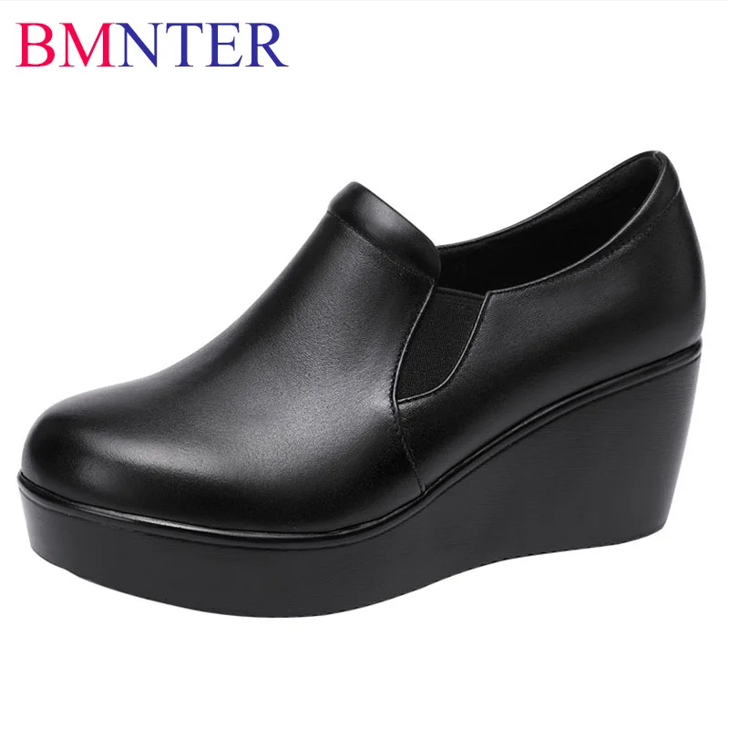 

Женские туфли на танкетке 34-43, черные туфли с глубоким носком, на среднем каблуке 6 см, обувь на плоской подошве