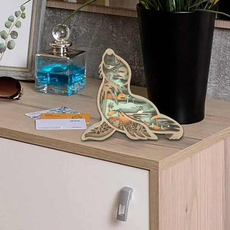 

Carved Wooden Animal Lights 2 In 1 Wooden Forest Animal Decor Wood Forest Seal Ornaments 3D Wooden Carving Light