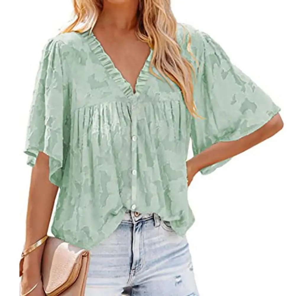 

Блузка женская с кружевным воротником, Повседневная рубашка свободного покроя с оборками и V-образным вырезом, уличная одежда в стиле пагод...